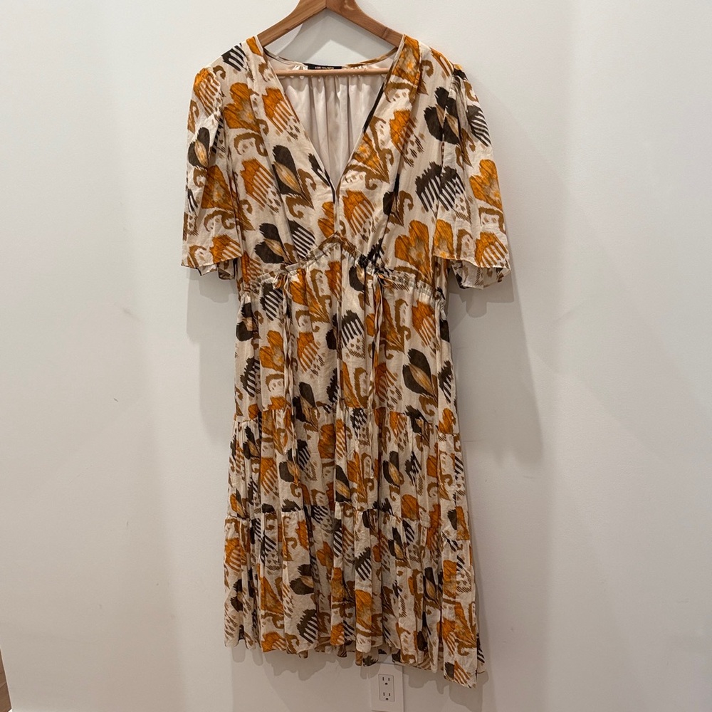 Kobi Halperin Orange and Black Patterned Midi Dress